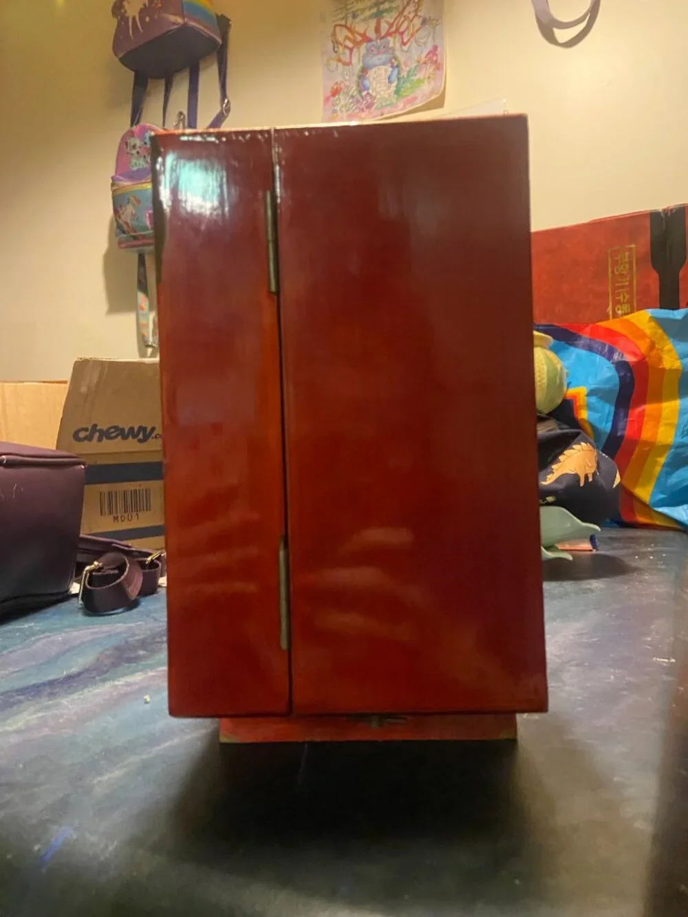 Vintage Red Lacquer Poodle Jewelry Armoire & Music Box from the 1950's